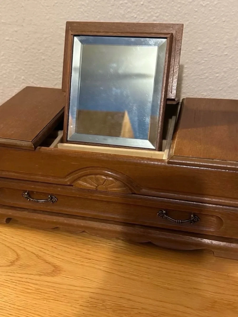 Vintage Wood Jewelry Organizer Tray with Fold-Up Mirror - Brown